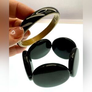 Vintage Pair of Bracelets Black White Brass and Bold Black Bead Stretch Bracelet